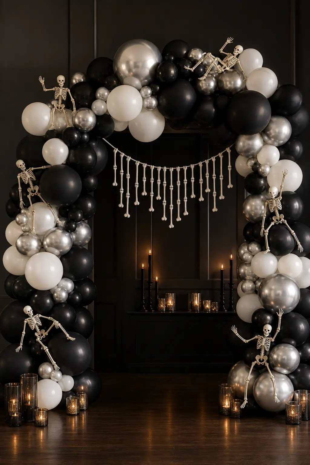 Black, White, and Silver Skeleton-Accented Arch
