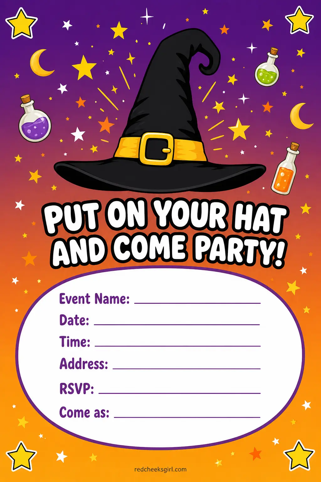 Witch Hat with Stars Invitation (Bright & Playful) printable