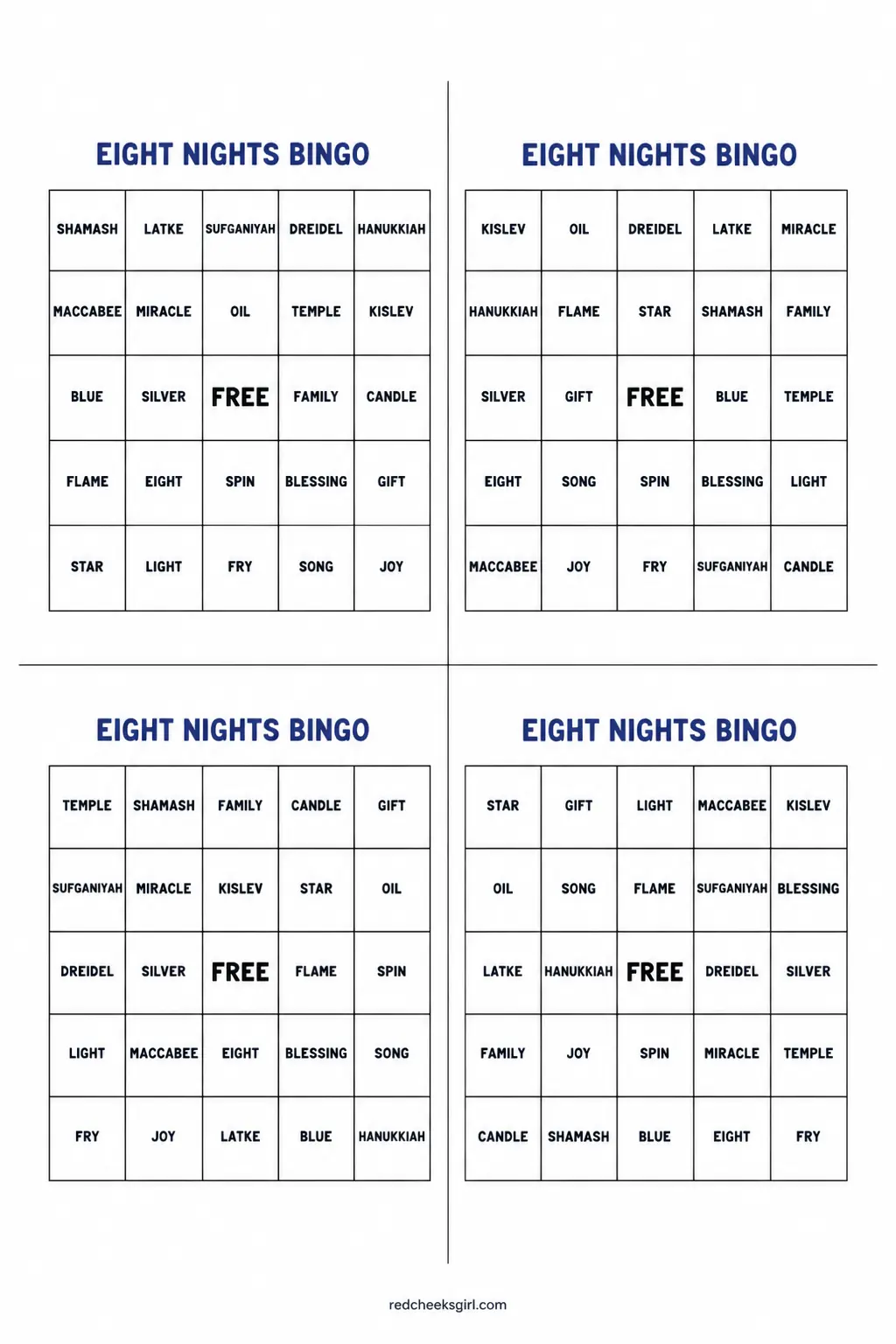 Eight Nights Bingo printable