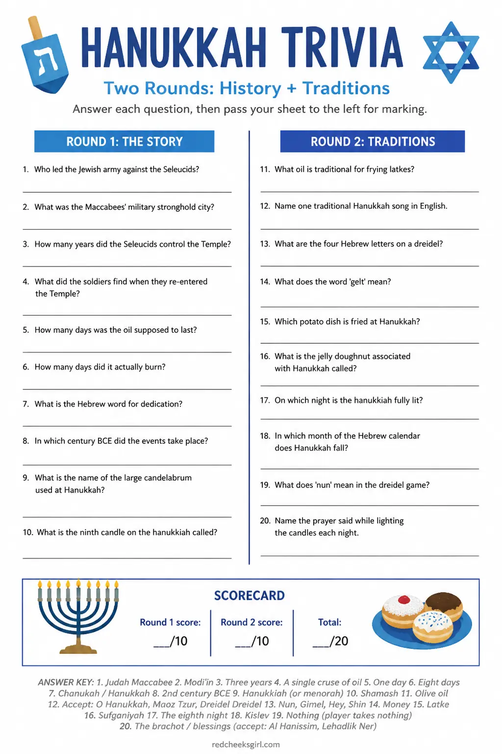 Hanukkah Trivia in Two Rounds printable