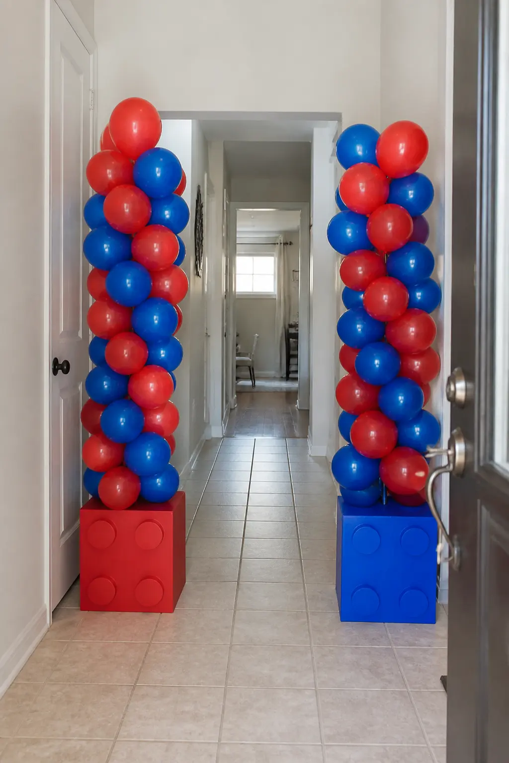 Brick-Red and Primary-Blue Balloon Towers at Entry