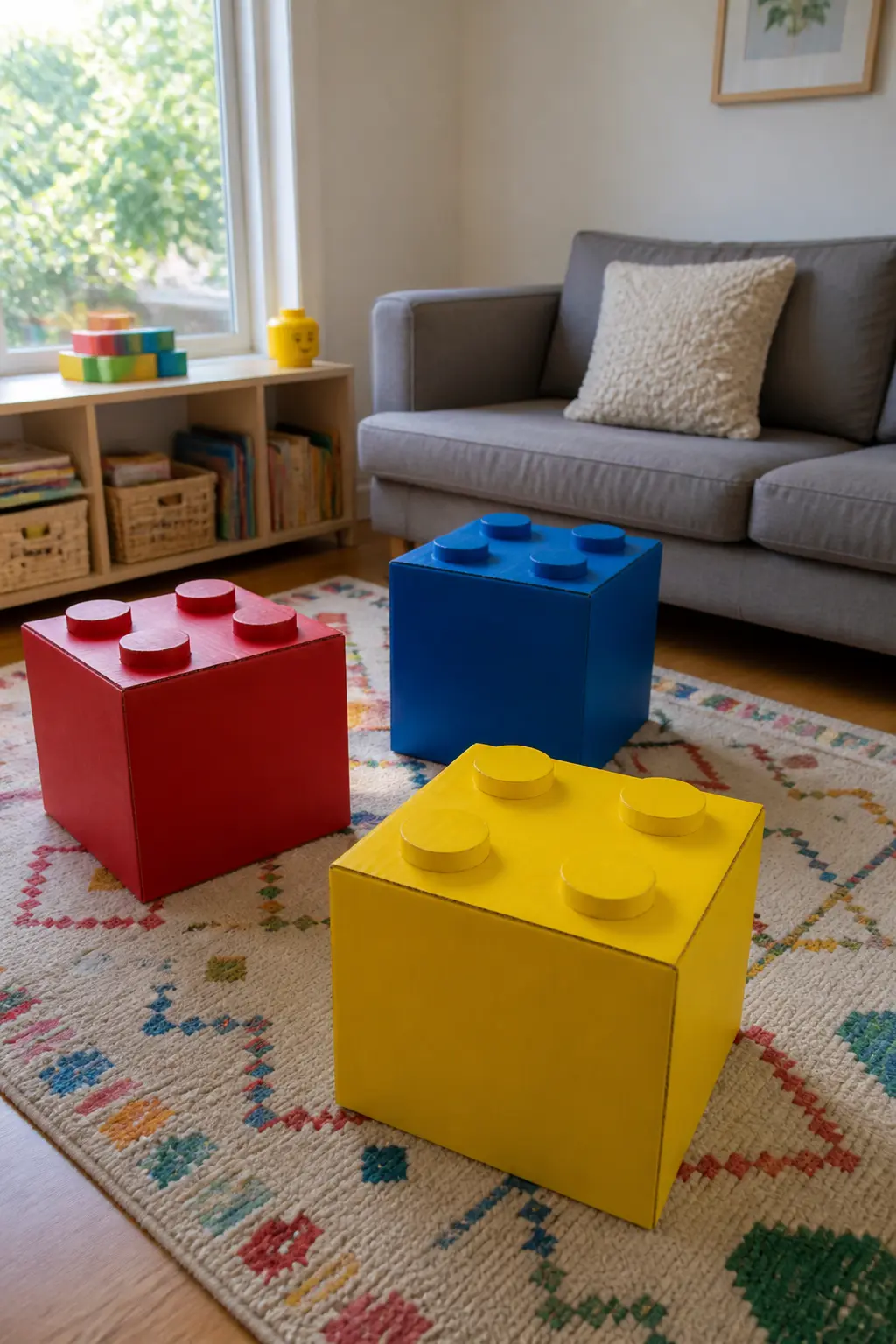 Giant Cardboard Blocks Painted in Primary Colours as Seating