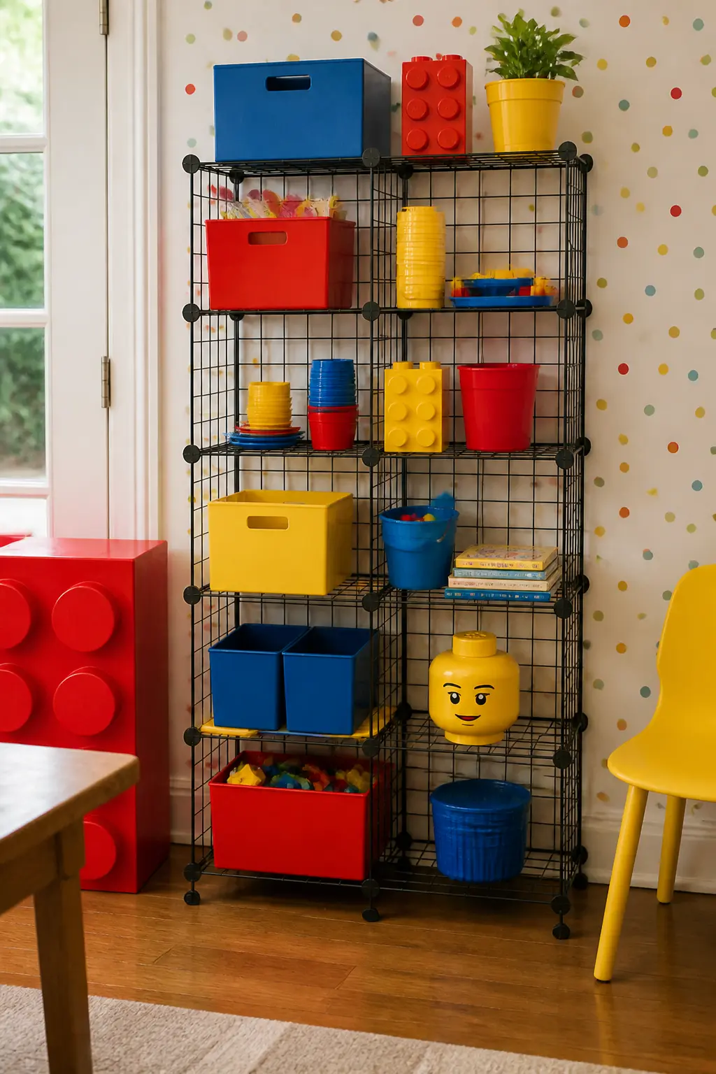 Plastic Grid Shelving Styled with Colour Coordination