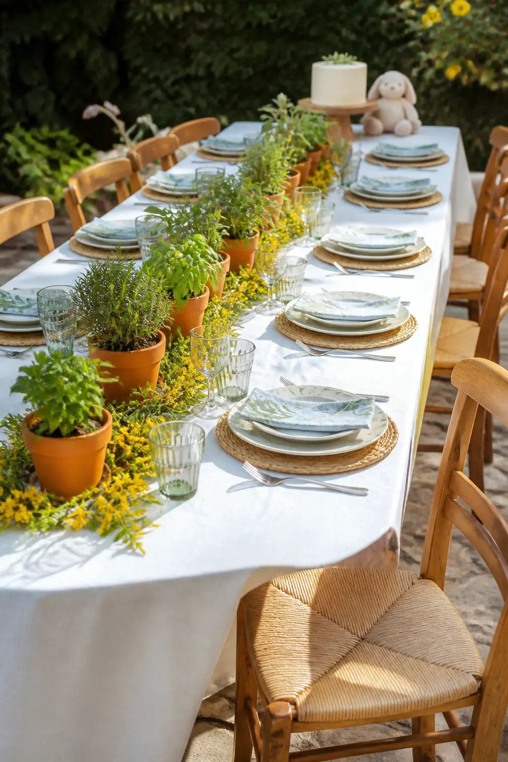 A Row Of Herb Pots Down The Table Edge