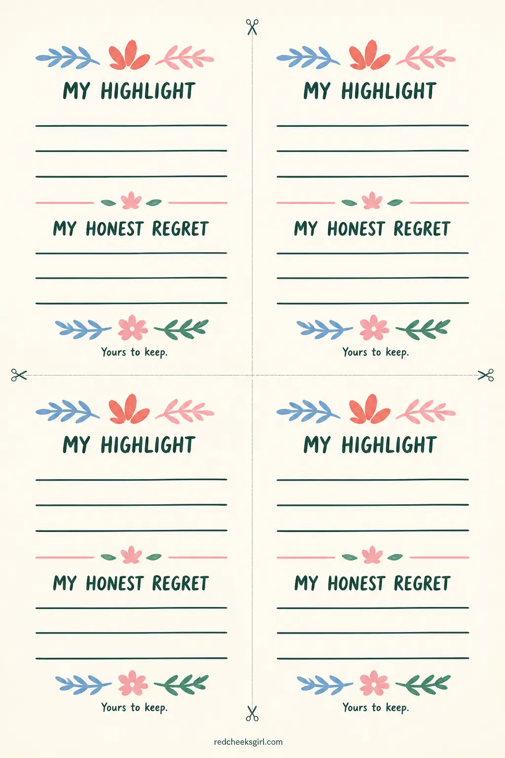 The Regret and Highlight Card printable