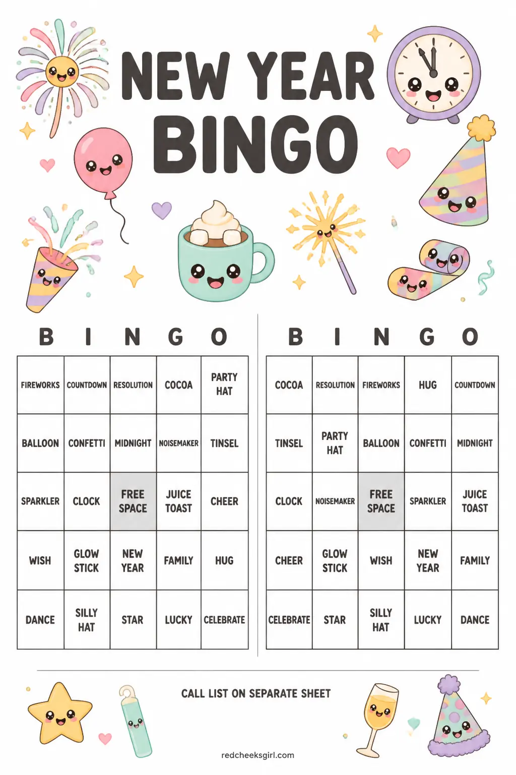 New Year Bingo (4 Bingo Grids + Call List) printable