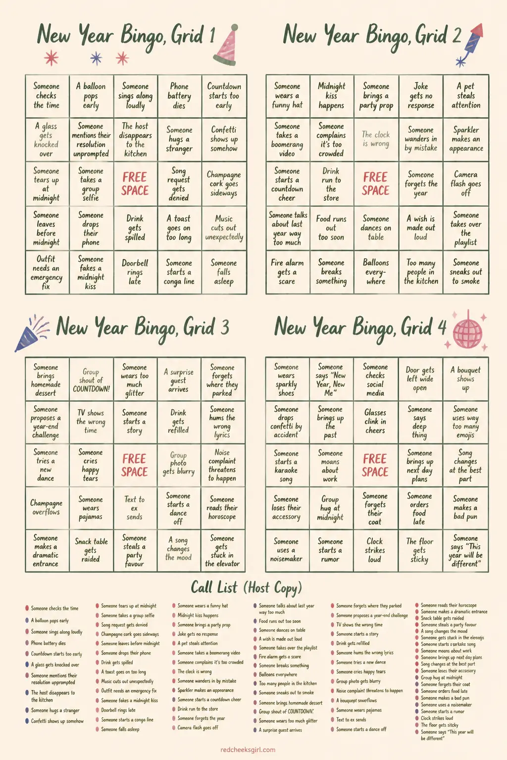 New Year Bingo for the Last Hour (4 Bingo Grids + Call List) printable