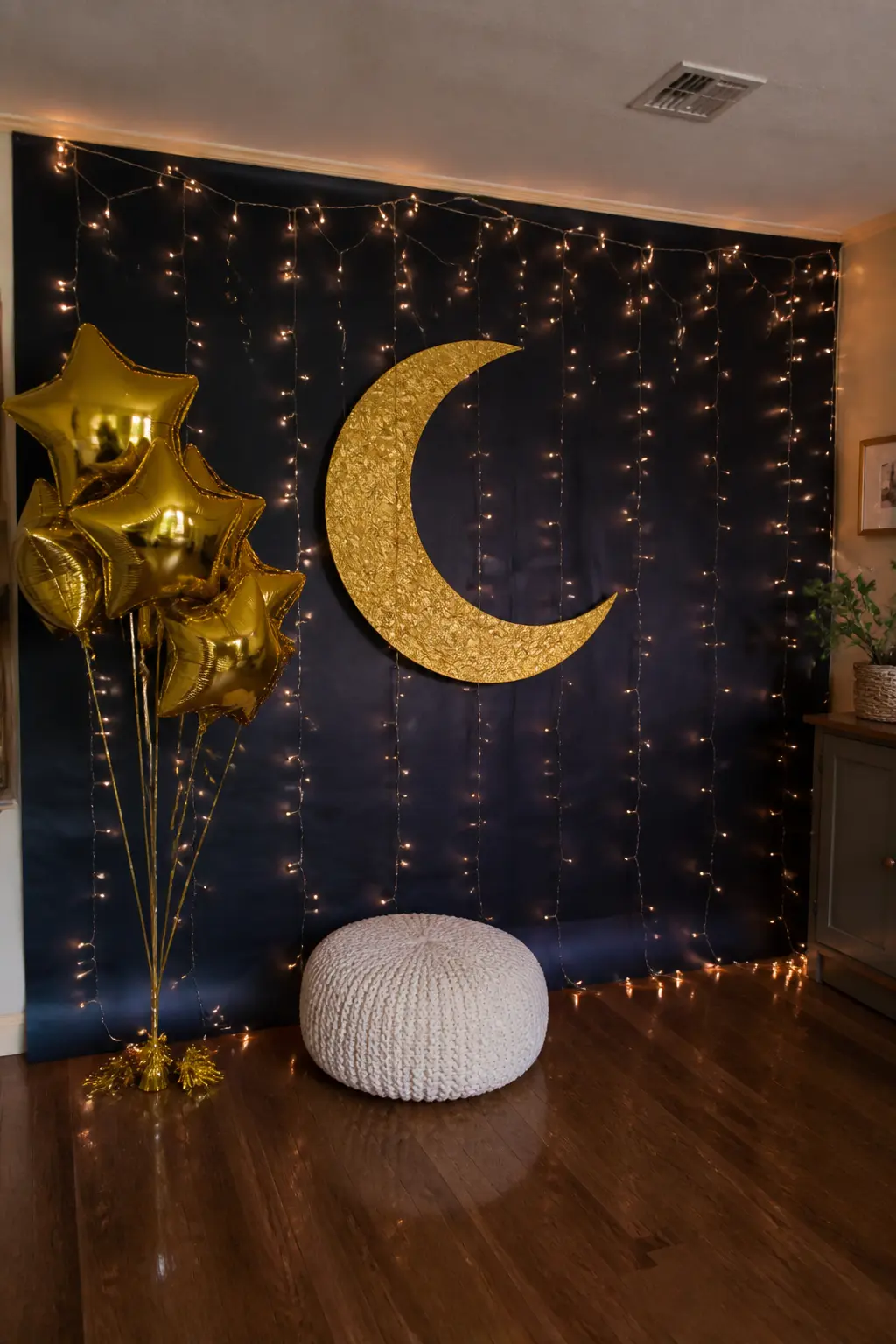 Crescent Moon Backdrop with Fairy Lights