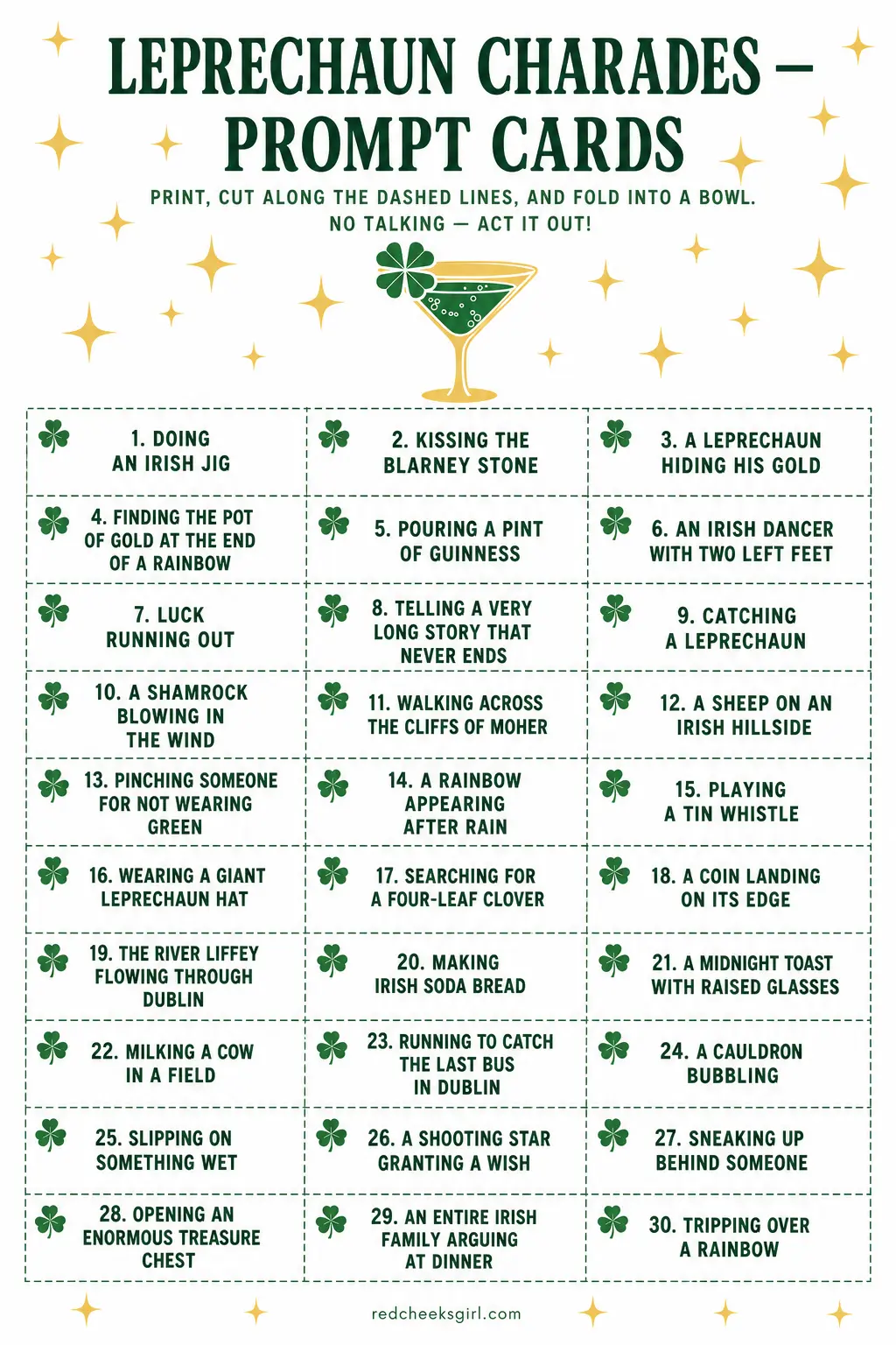 Leprechaun Charades Prompt Cards printable