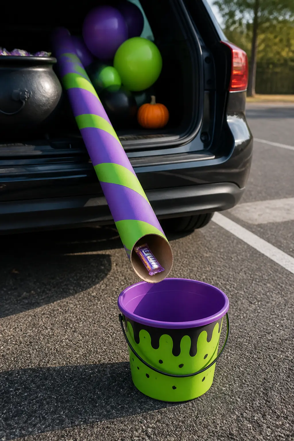 Cardboard Tube Candy Slide from Trunk to Sidewalk