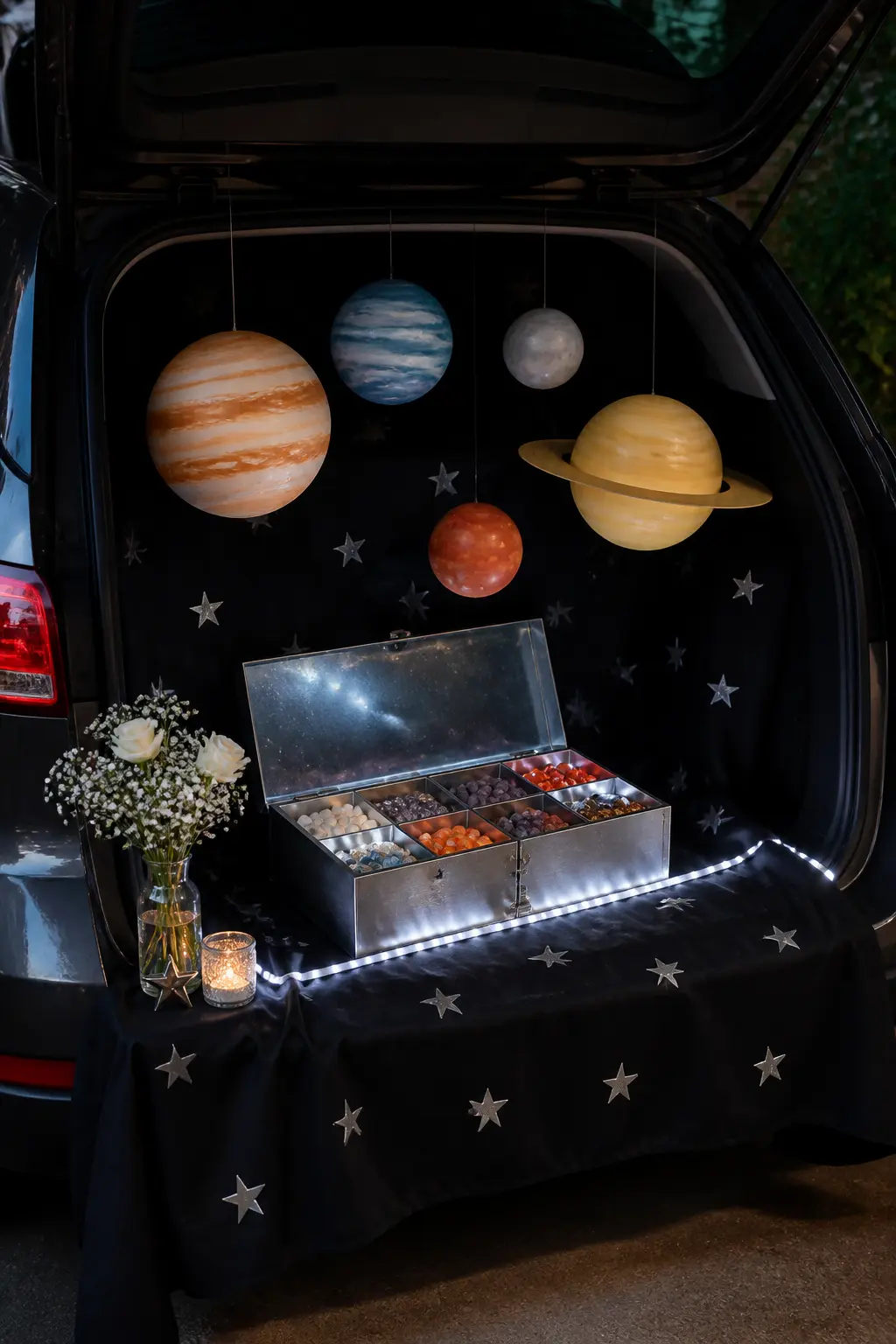 Space Mission Trunk with Black Cloth and Planet Mobiles