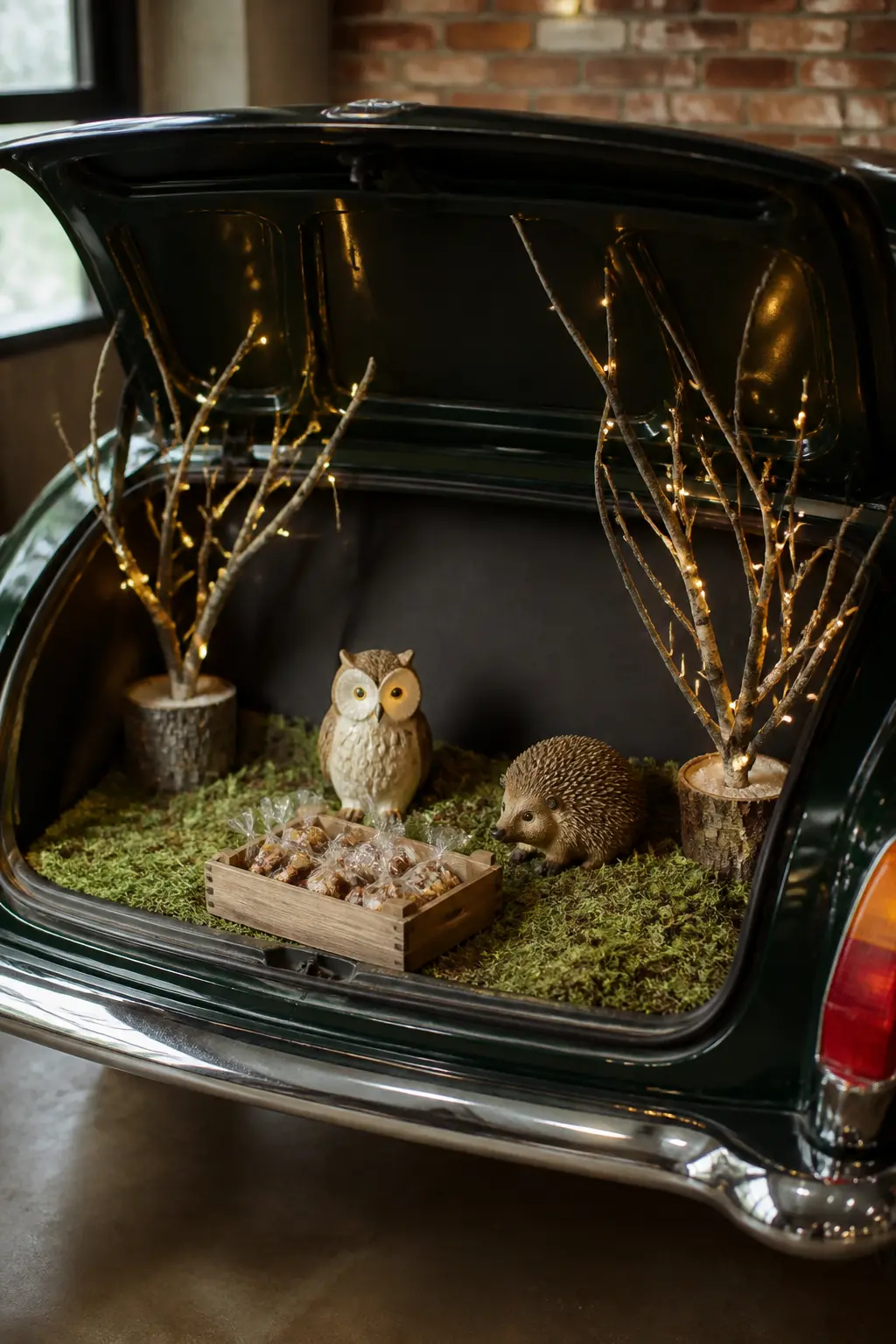 Woodland Creatures Trunk with Moss, Branches, and Fairy Lights