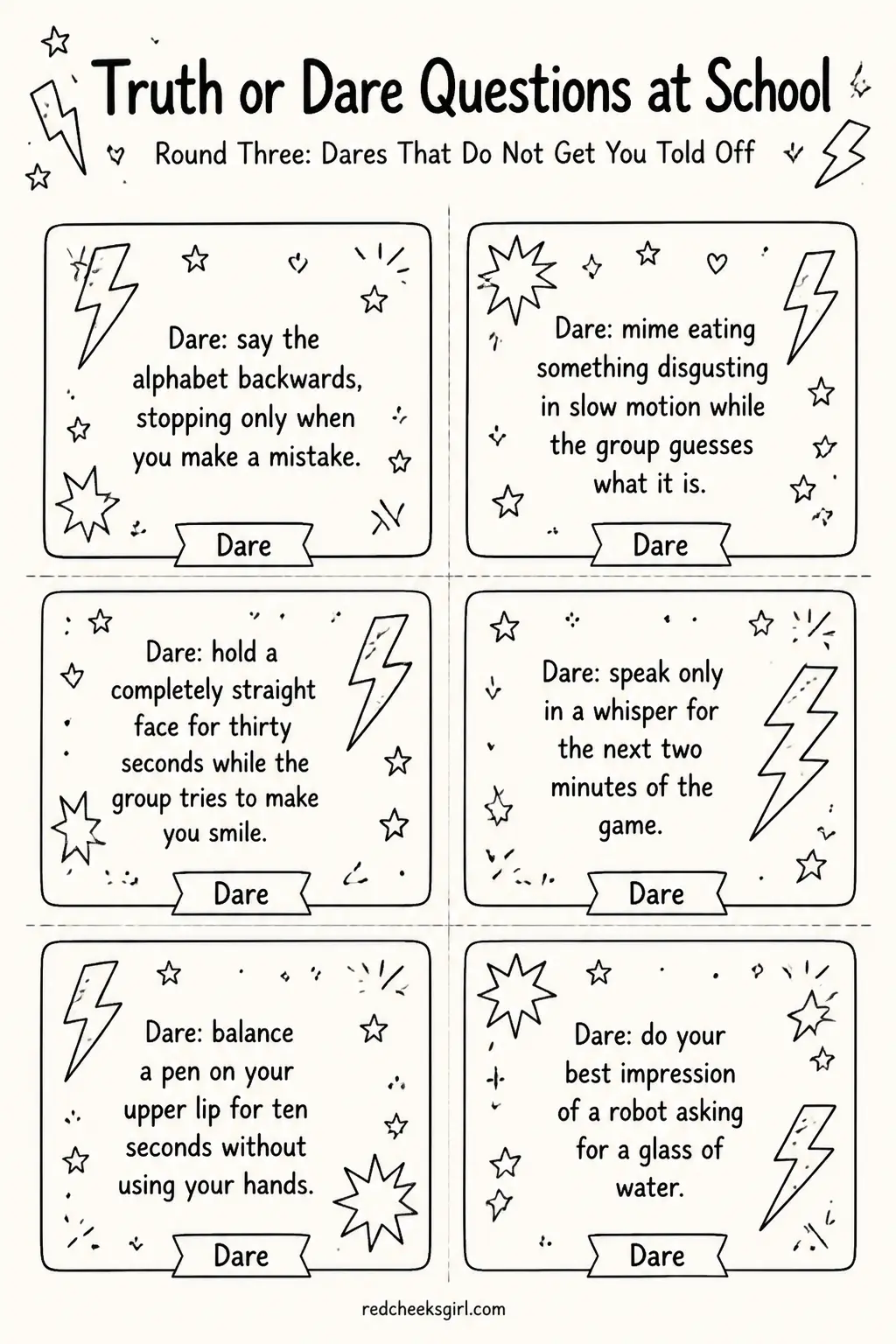 Dares That Do Not Get You Told Off Cards A printable