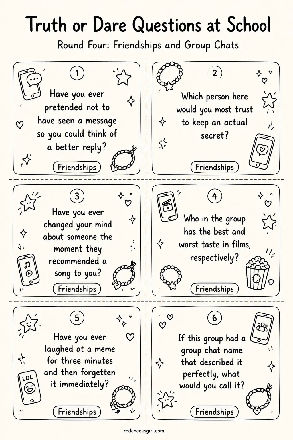 Friendships and Group Chats Cards B printable