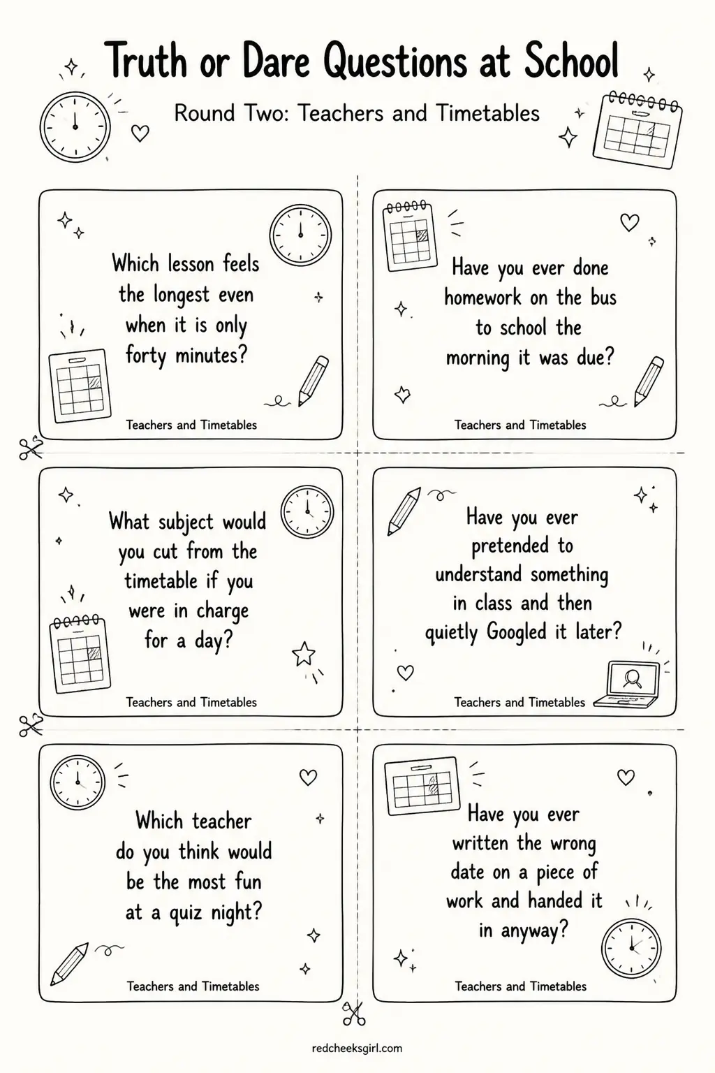 Teachers and Timetables Cards A printable