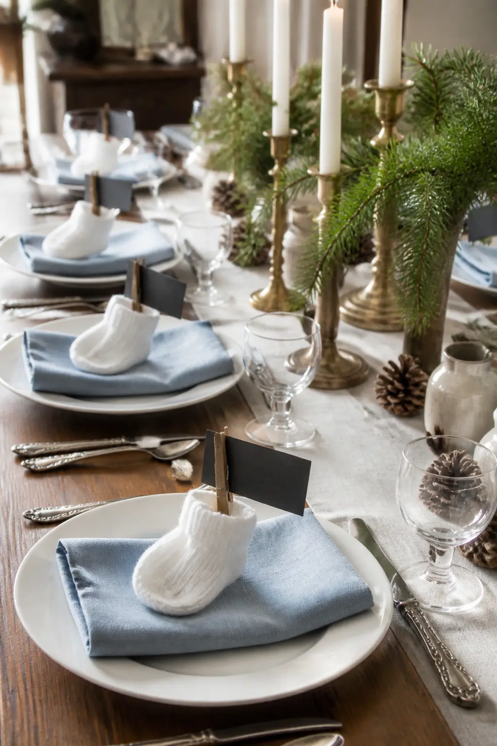 Baby Socks on Wooden Pegs as Place Cards