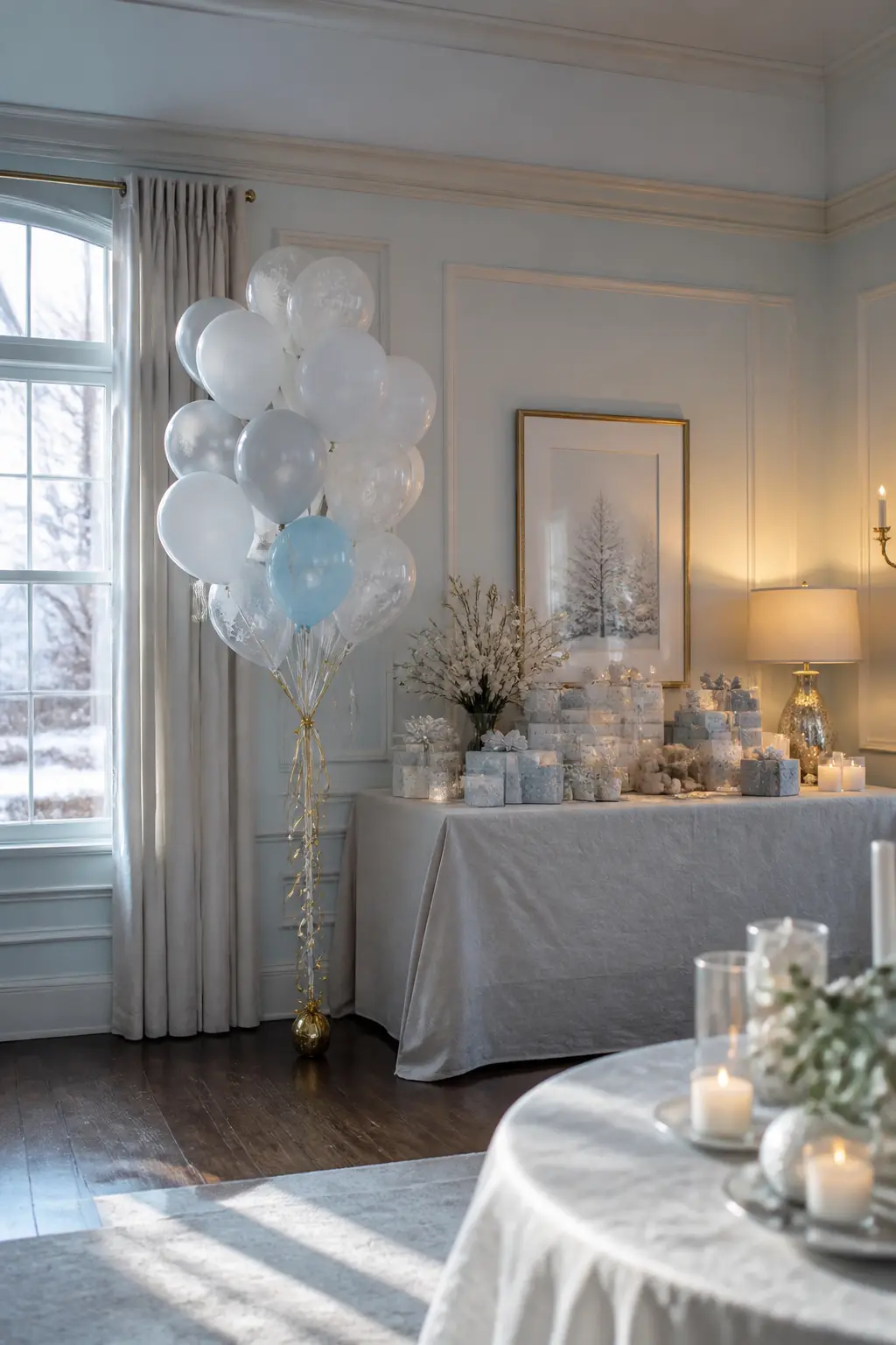 The Balloon Cluster in White, Silver and One Pale Blue
