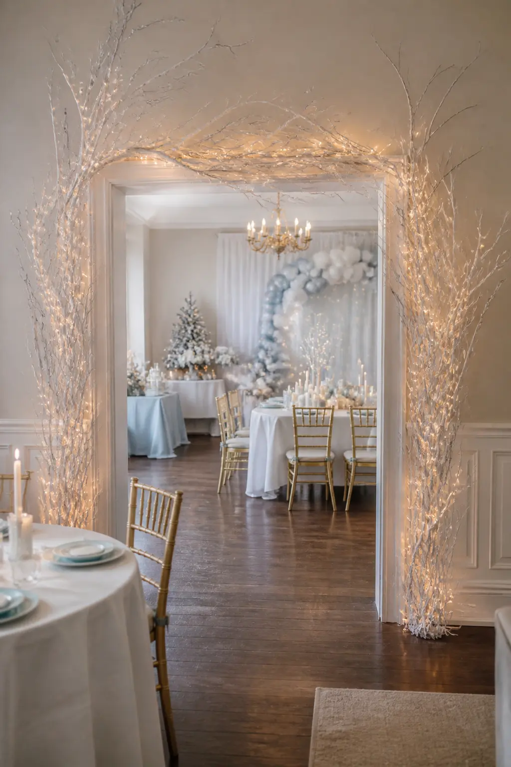 A Bare Branch Arch Sprayed White Over the Doorway