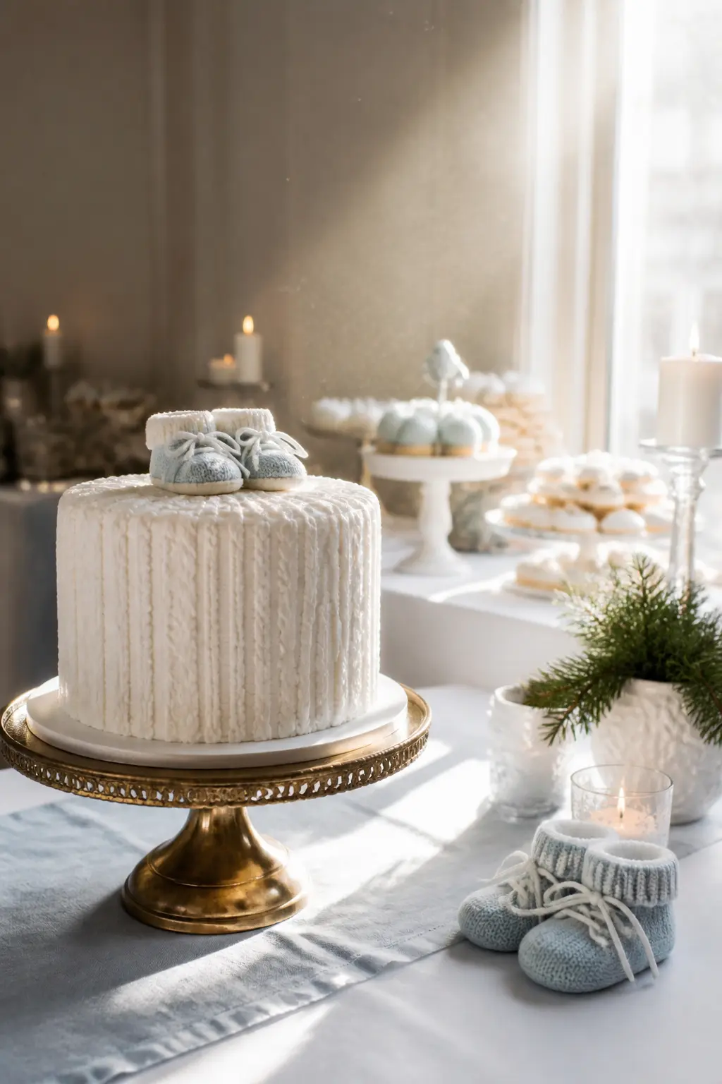 A Cake With Knitted Texture Icing and Booties on Top