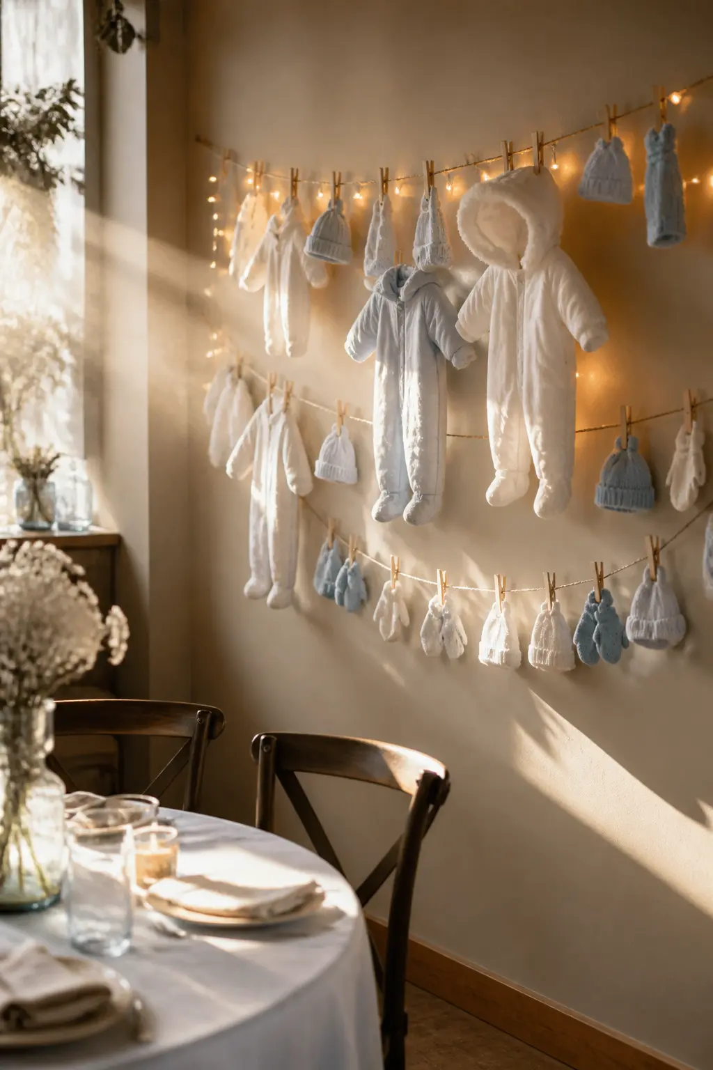 A Clothesline of Tiny Snowsuits, Hats and Mittens