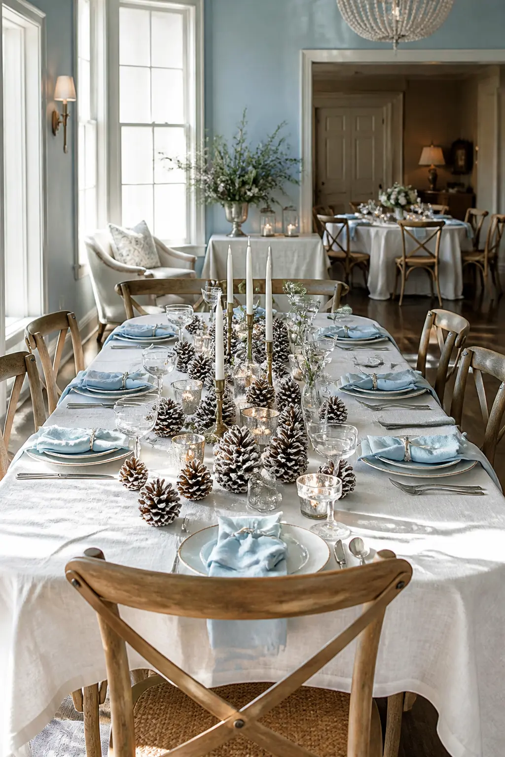 Frosted Pinecones Scattered Down the Table
