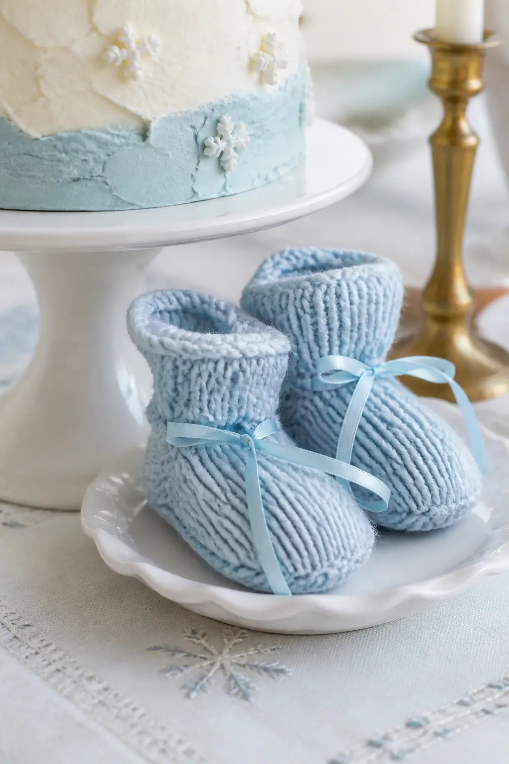 Knitted Booties Propped Against the Cake Stand
