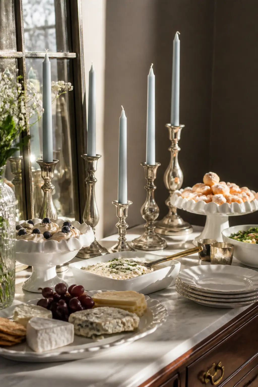 Silver And Pale Blue Taper Candles on the Buffet