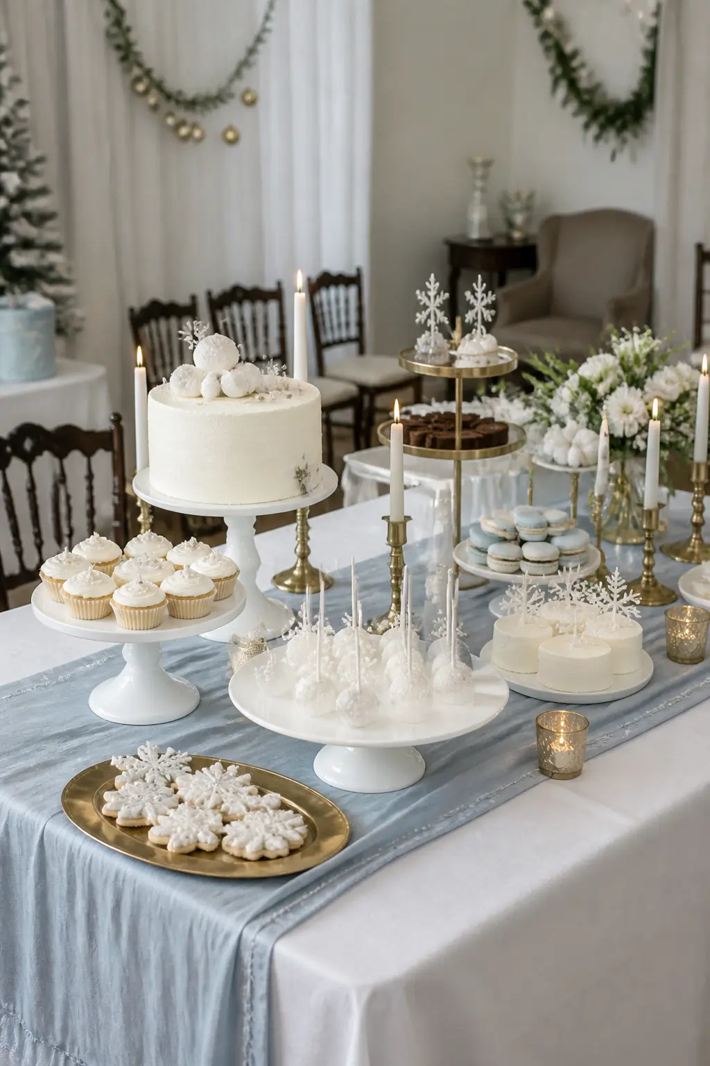 A White Dessert Table With Brass Cake Stands