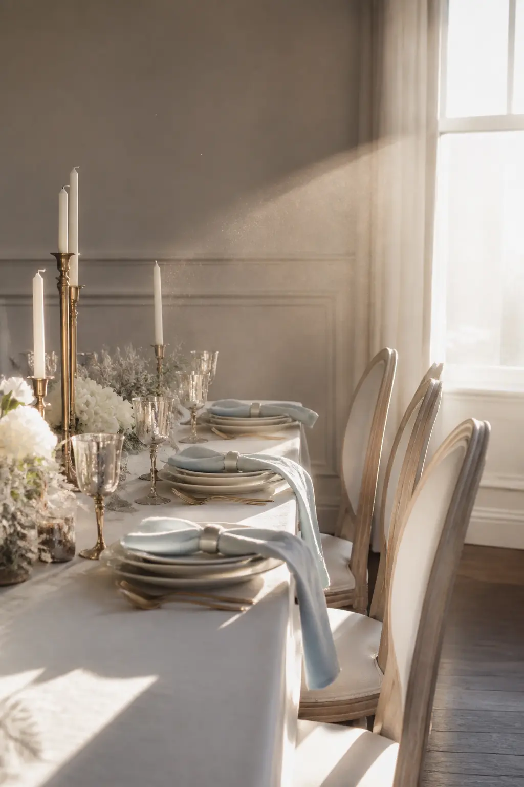 A Winter White Dining Table With Warm Brass Details