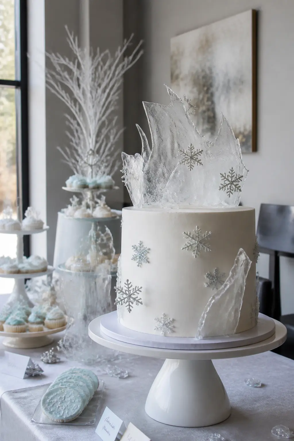 Iced Glass Cake With Silver Leaf Snowflakes