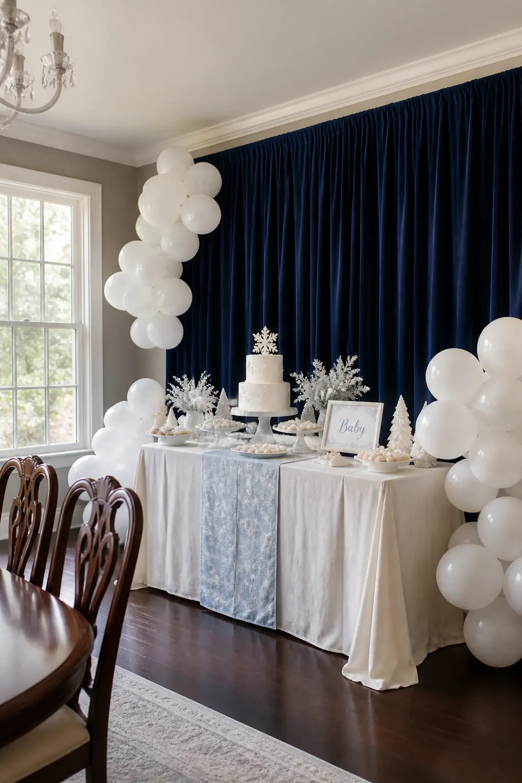 Midnight Blue Draped Backdrop With White Balloon Clusters