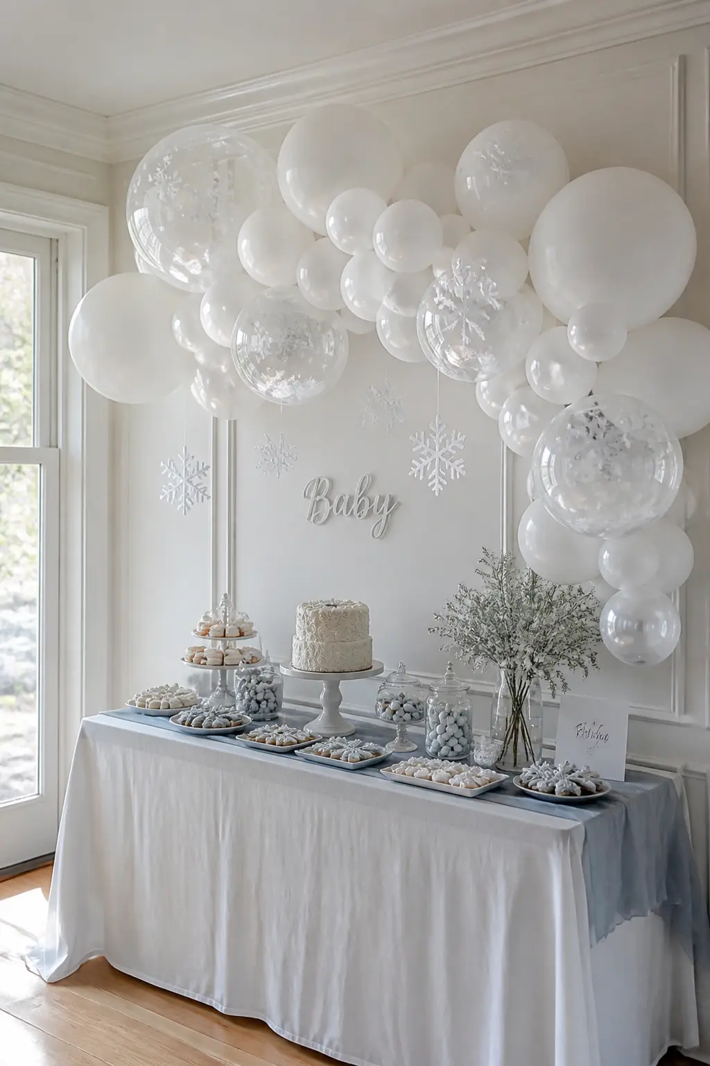 White Cloud Balloon Garland With Floating Snowflakes