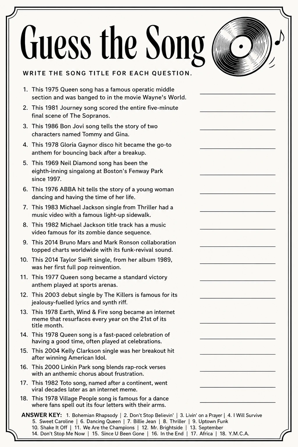 Guess the Song From the First Line printable