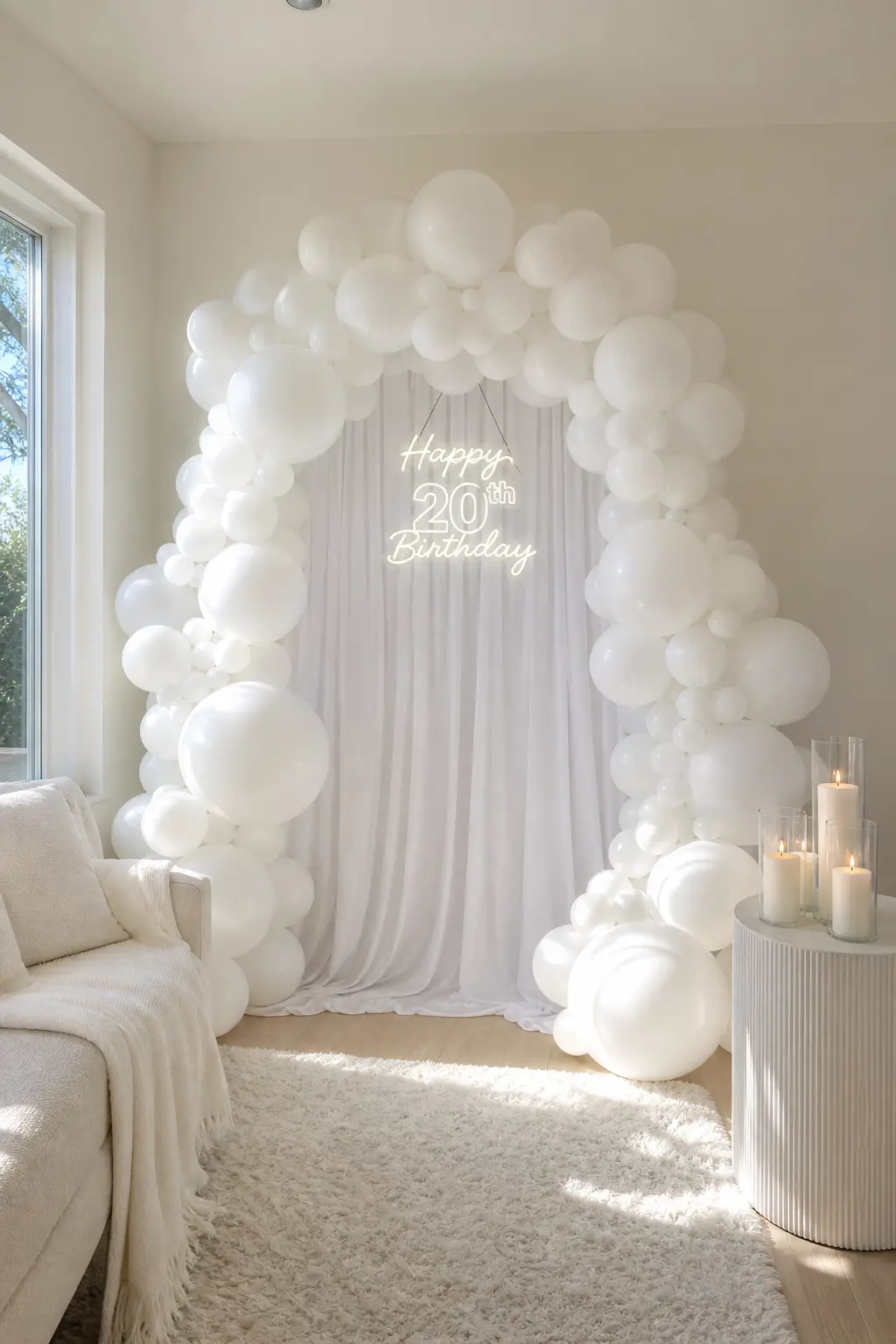 All White Party — Everyone shows up in white, so the room only needs a matching balloon arch, ivory candles and a few faux hydrangea stems to feel finished.