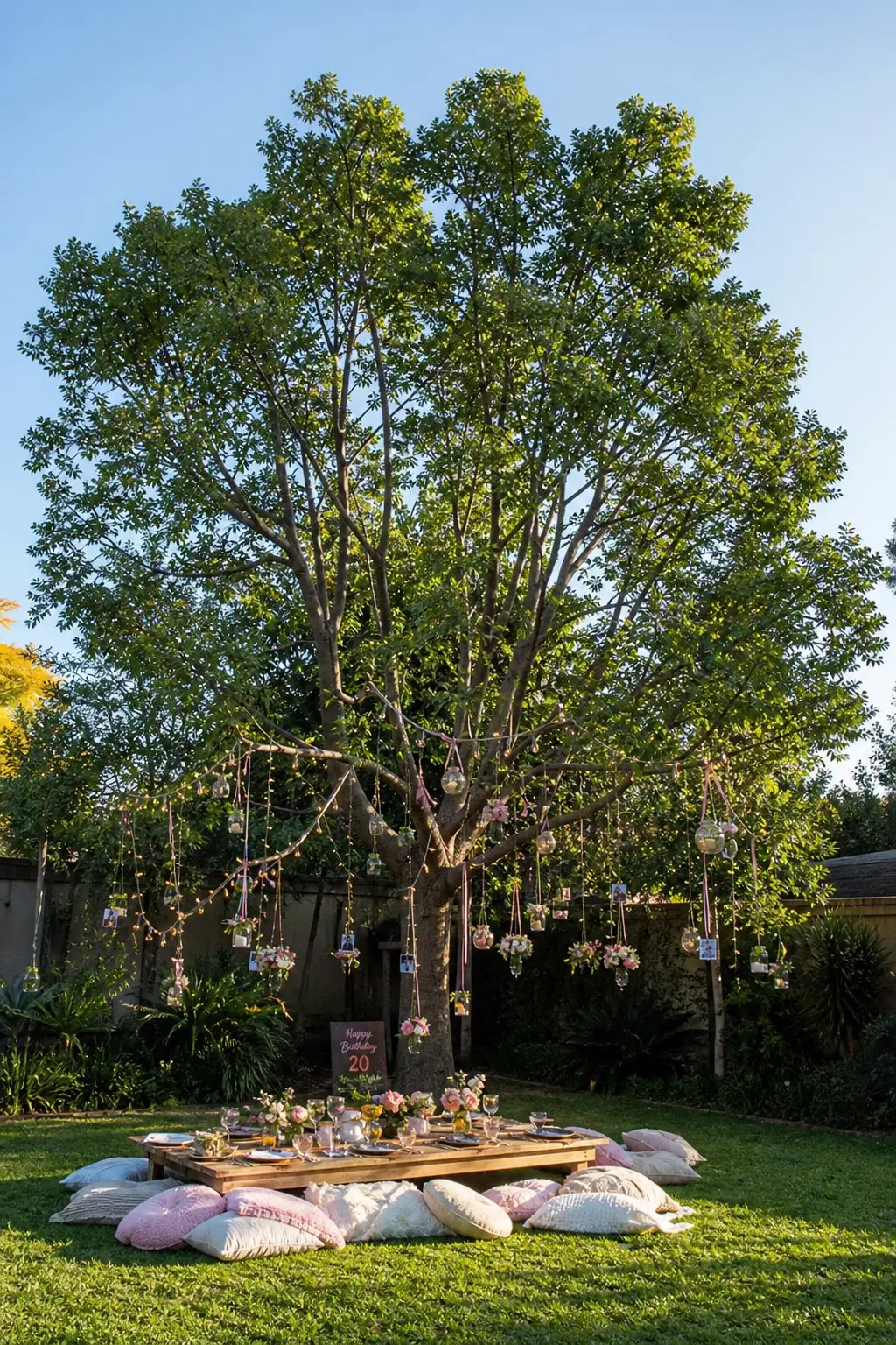 Backyard Fairy Light Picnic — A low picnic table sits on the lawn surrounded by floor cushions, with fairy lights draped through the trees above once it gets