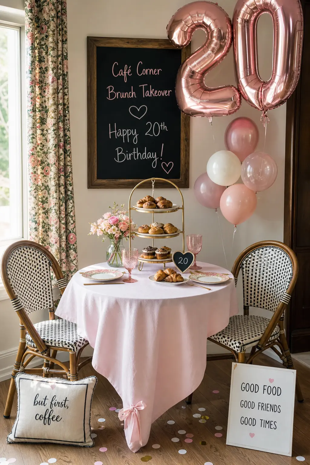 Café Corner Brunch Takeover — A small round café table gets dressed in pastel linen with a pastry stand at its center, bistro chairs on either side doing the