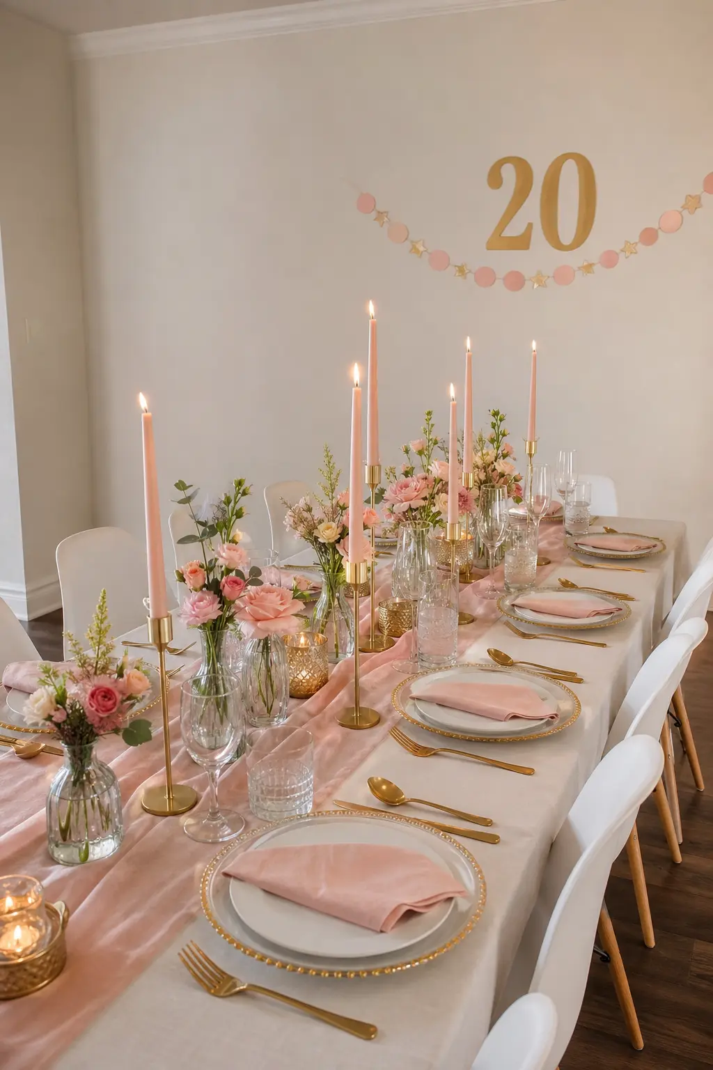 Champagne and Blush Dinner Table — Champagne gold flatware and blush napkins run the length of the table, with tall tapers spaced evenly down the center. 20th