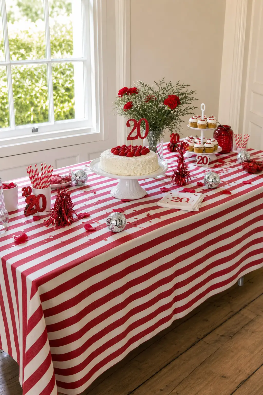 Cherry Red and White Candy Stripe Table — A red and white striped cloth gives the table a retro diner energy, with a white ceramic cake stand at the center and