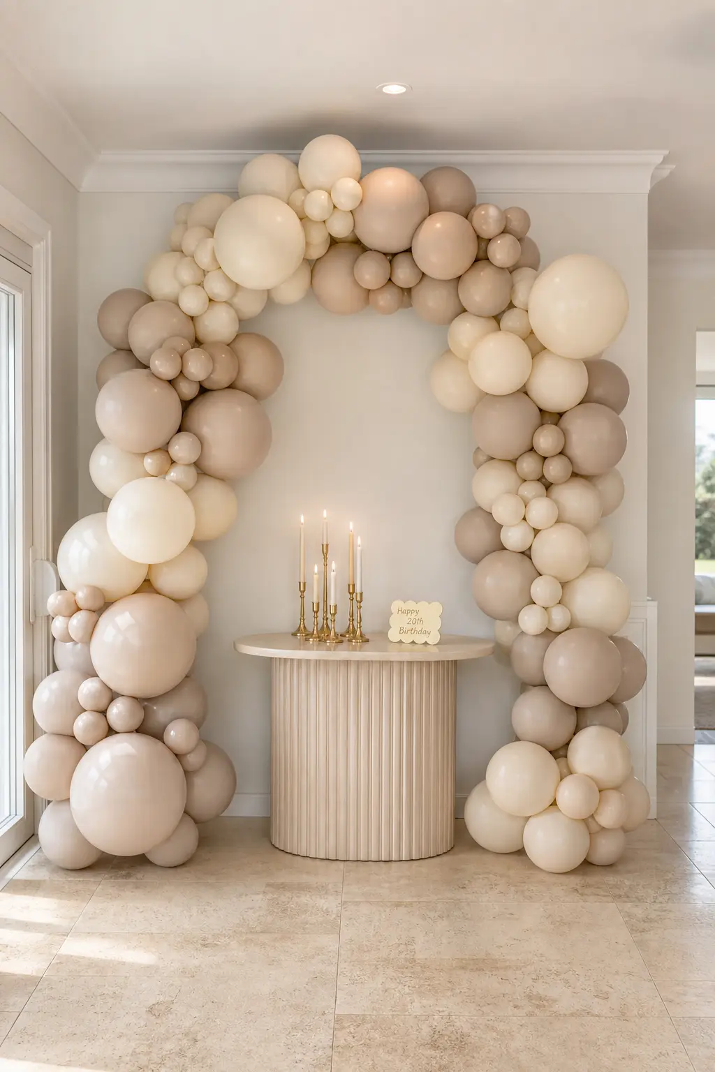 Clean Girl Neutral Aesthetic Set — A beige and cream balloon arch frames a small table holding gold candles, kept deliberately minimal against a plain wall.
