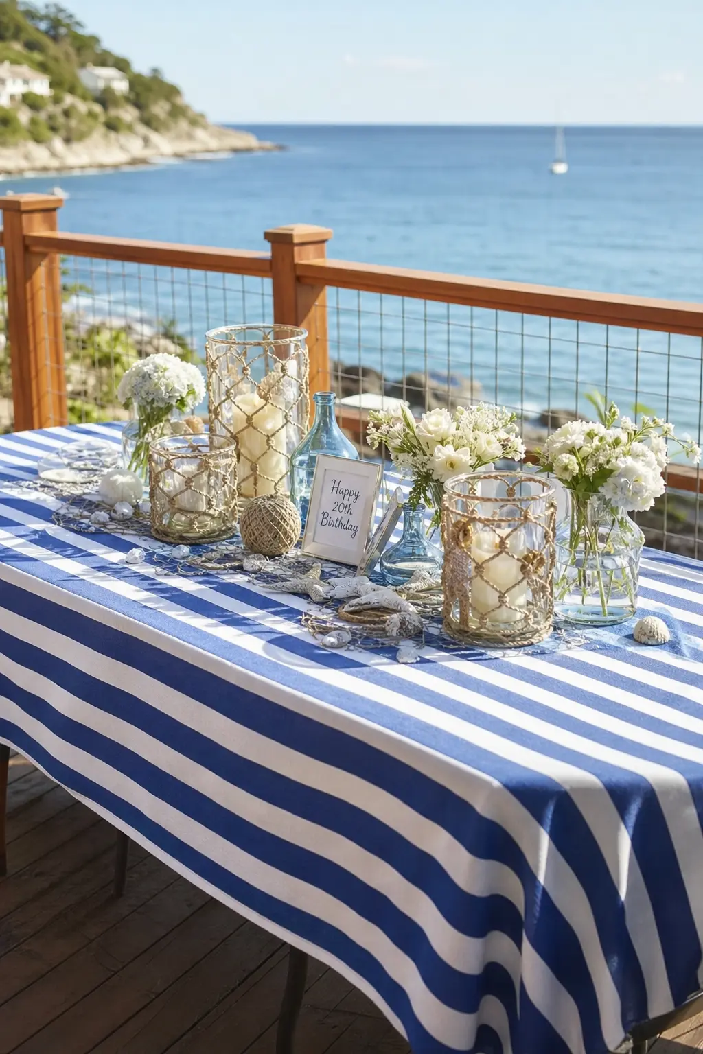 Coastal Soiree — A deck table dressed in a blue and white striped cloth keeps things breezy, with rope-edged candle holders and seashell napkin rings finishing