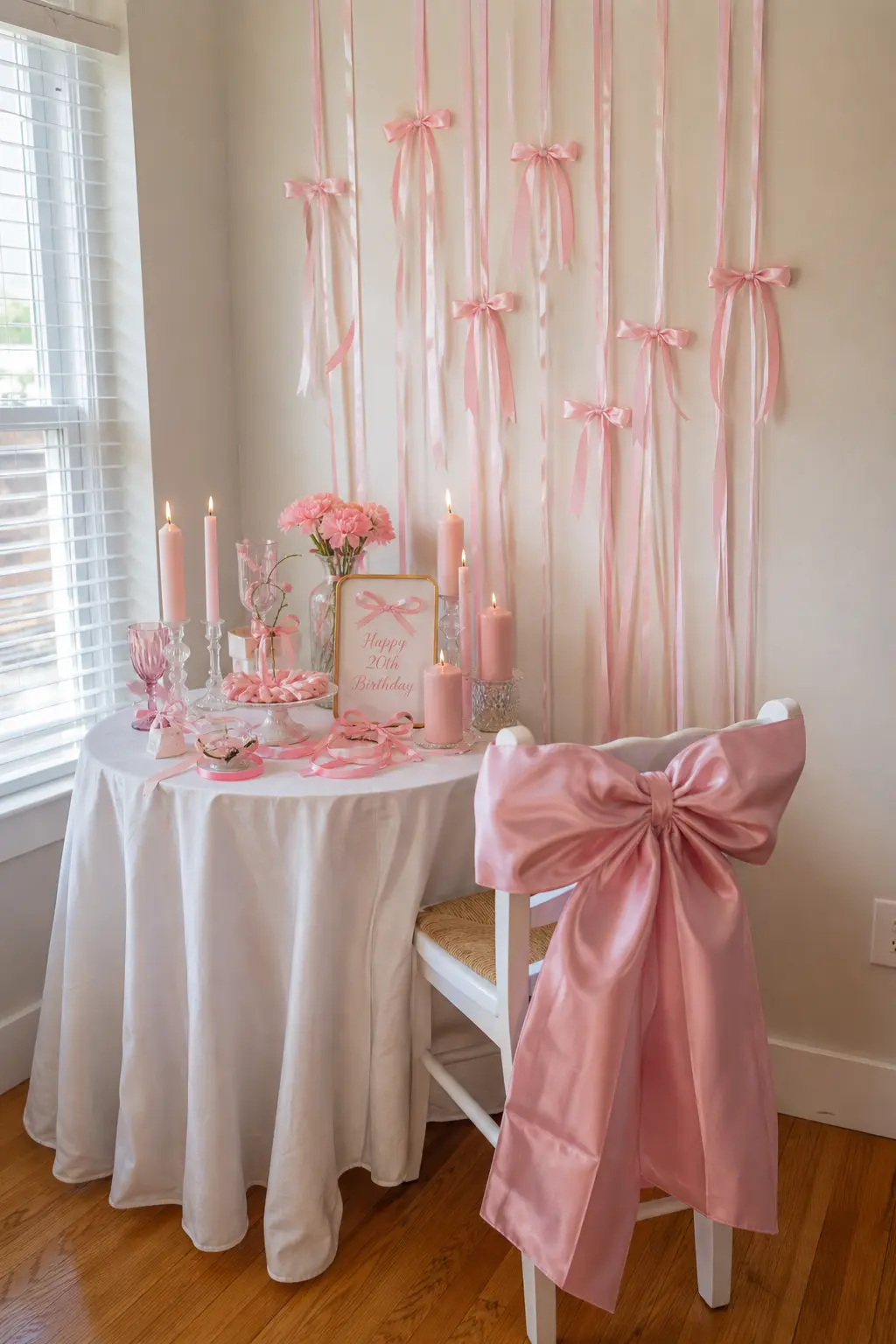 Coquette Bow Party — An oversized pink satin bow dresses each chair back, with a small side table holding blush candles and thin ribbon streamers hanging
