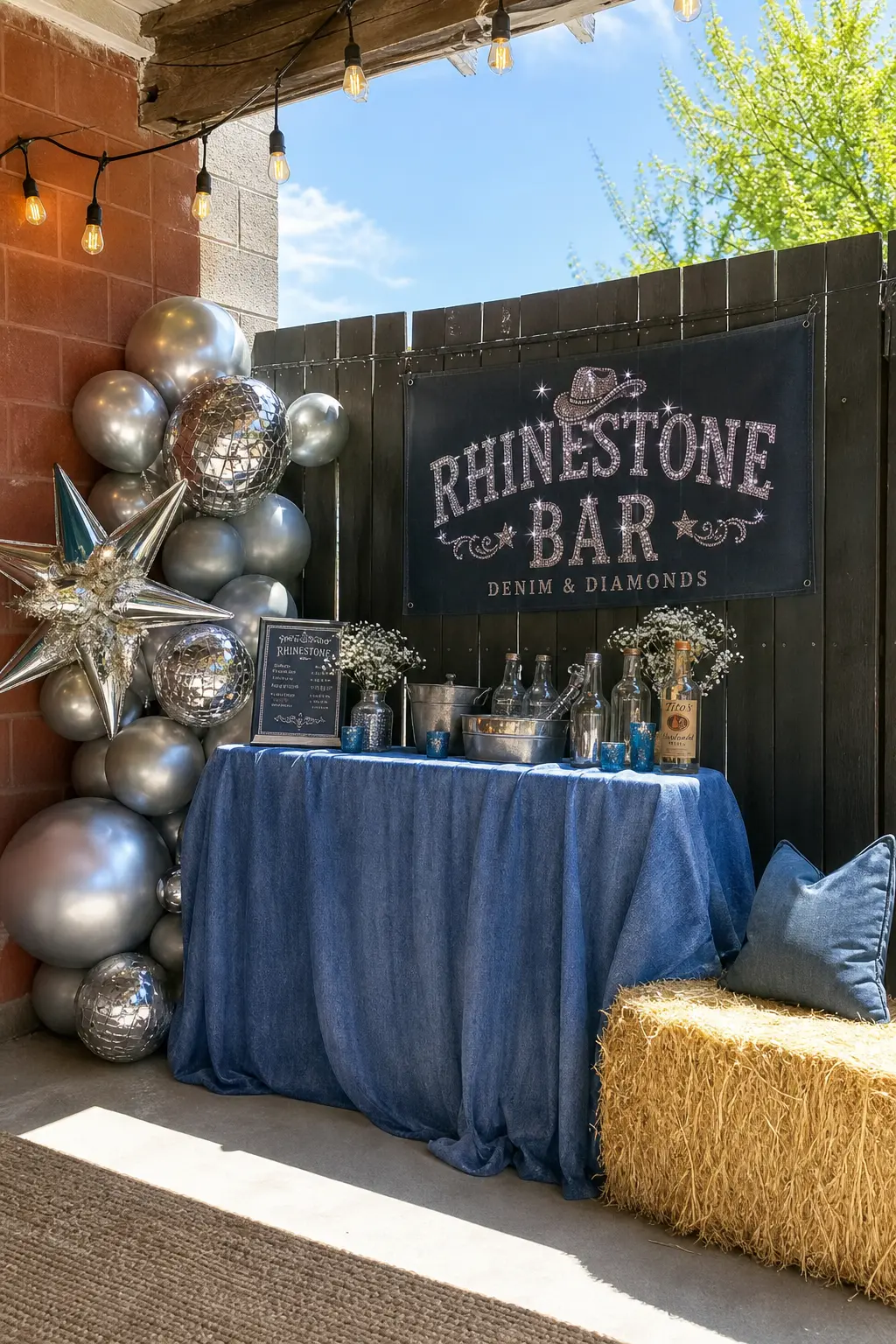Denim and Diamonds Ranch Night — A rhinestone bar sign hangs over a denim blue draped table, with silver balloons and string lights overhead and hay bales