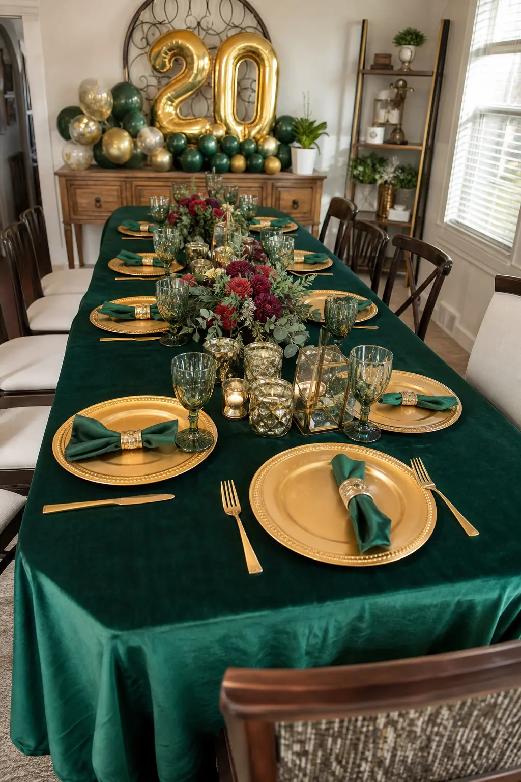 Emerald and Gold Jewel Table — An emerald tablecloth carries the whole look, with gold chargers under each plate and a low centerpiece in deep red and green