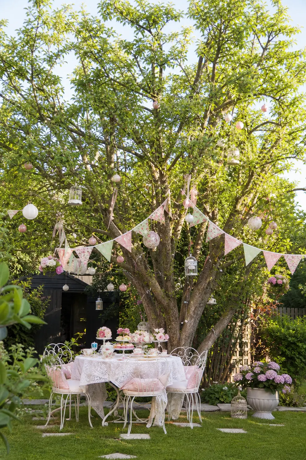 English Rose Garden Tea — An outdoor table gets set with floral china and a tiered stand, dressed in dusty pink and sage with bunting strung overhead between