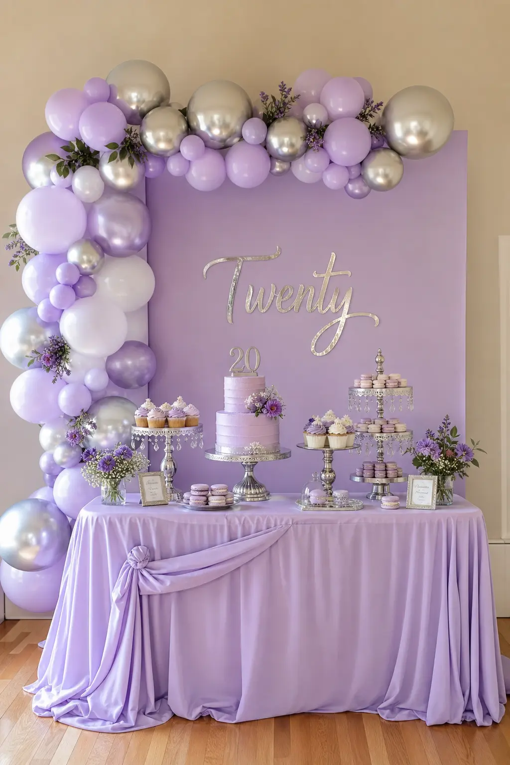 Lavender and Silver Dessert Table — A lavender paper backdrop sits behind silver cake stands loaded with pastel treats, giving the whole spread a soft, cool