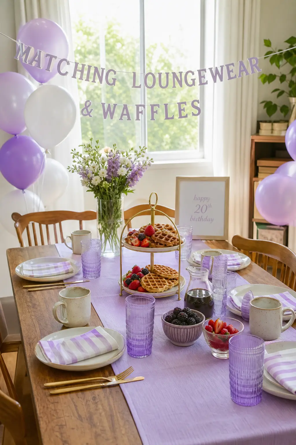 Matching Loungewear Set Brunch — Guests arrive in their best matching co-ord sets rather than a dress, and the table stays soft and morning-appropriate: lilac