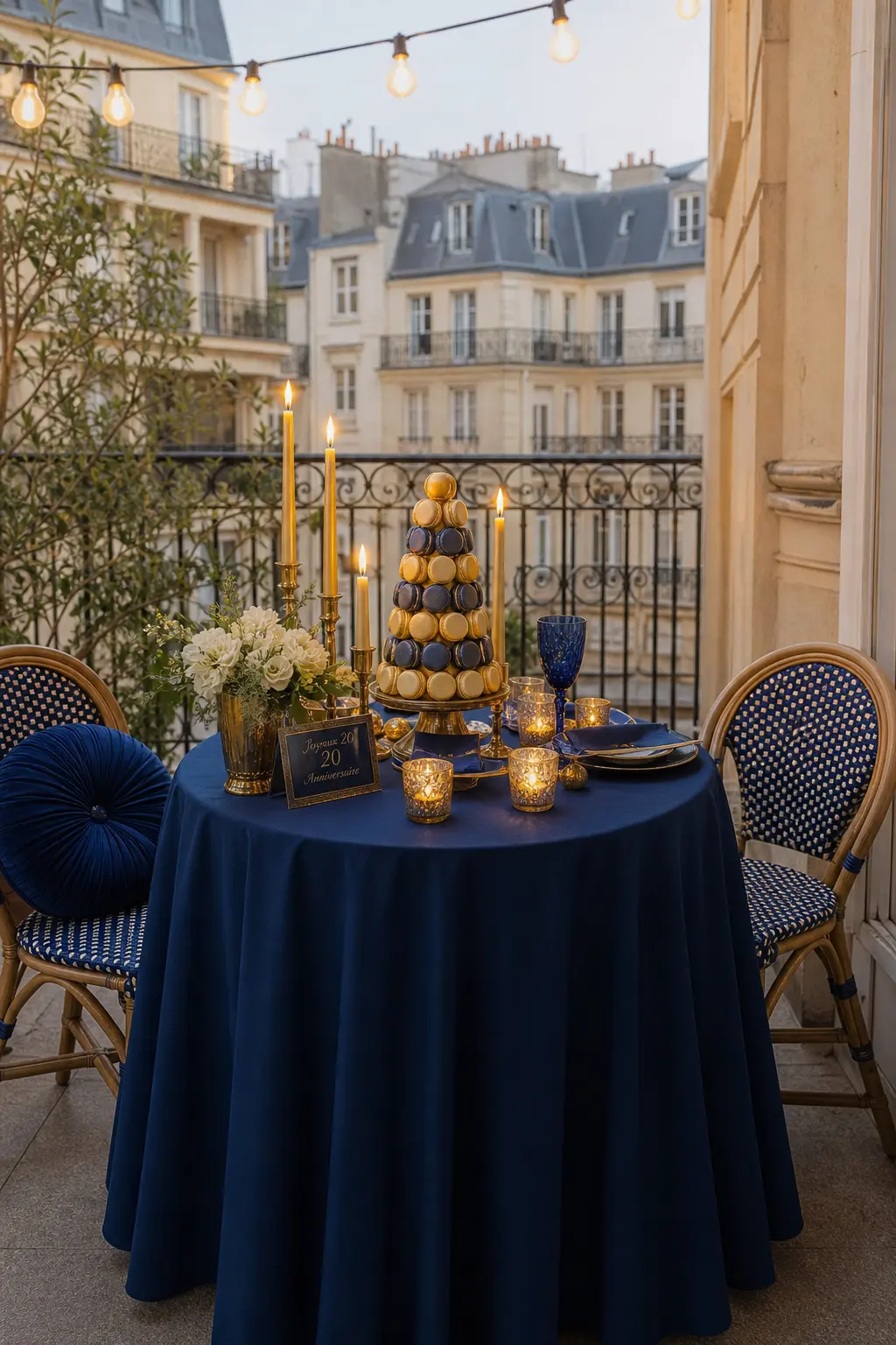 Midnight in Paris Café Night — A small bistro table for two sits under string lights, dressed in navy linen with gold taper candles and a macaron tower at its