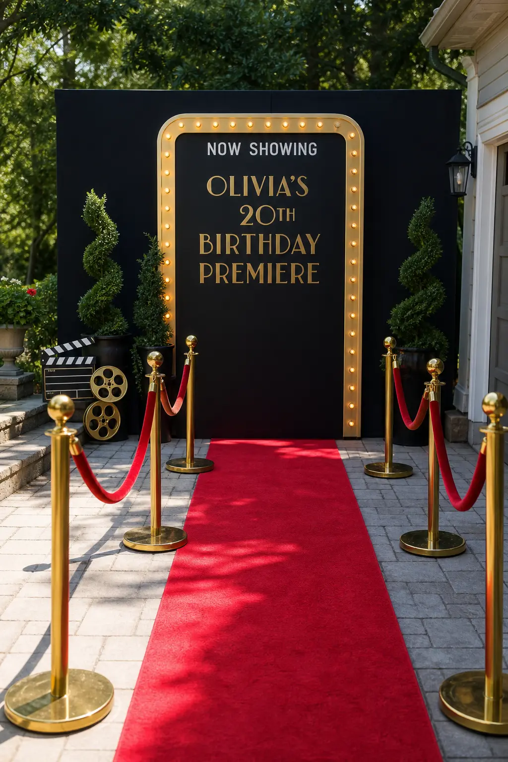 Old Hollywood Premiere — A red carpet runner leads to a light-up marquee sign, with gold rope stanchions on either side standing in for velvet rope. 20th