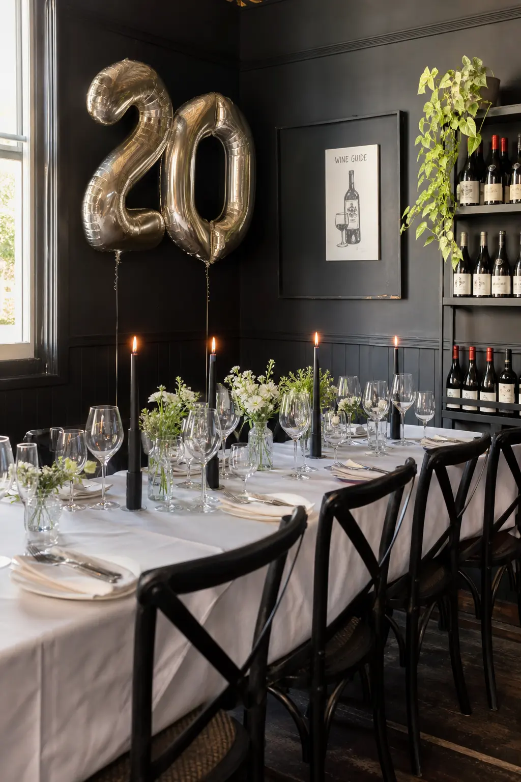 Private Room at a Wine Bar — A small private dining room needs almost nothing extra: a long table already set for wine glasses, moody lighting and dark walls