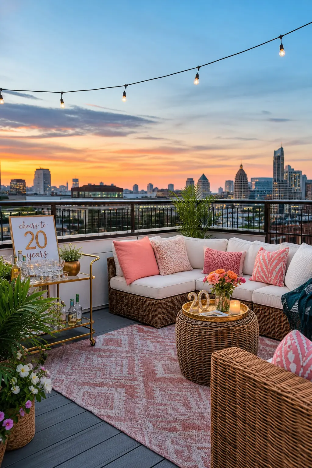 Rooftop Sunset Cocktail Hour — A rooftop already has the view, so the decor only needs low rattan seating, string lights overhead and a small bar cart to feel